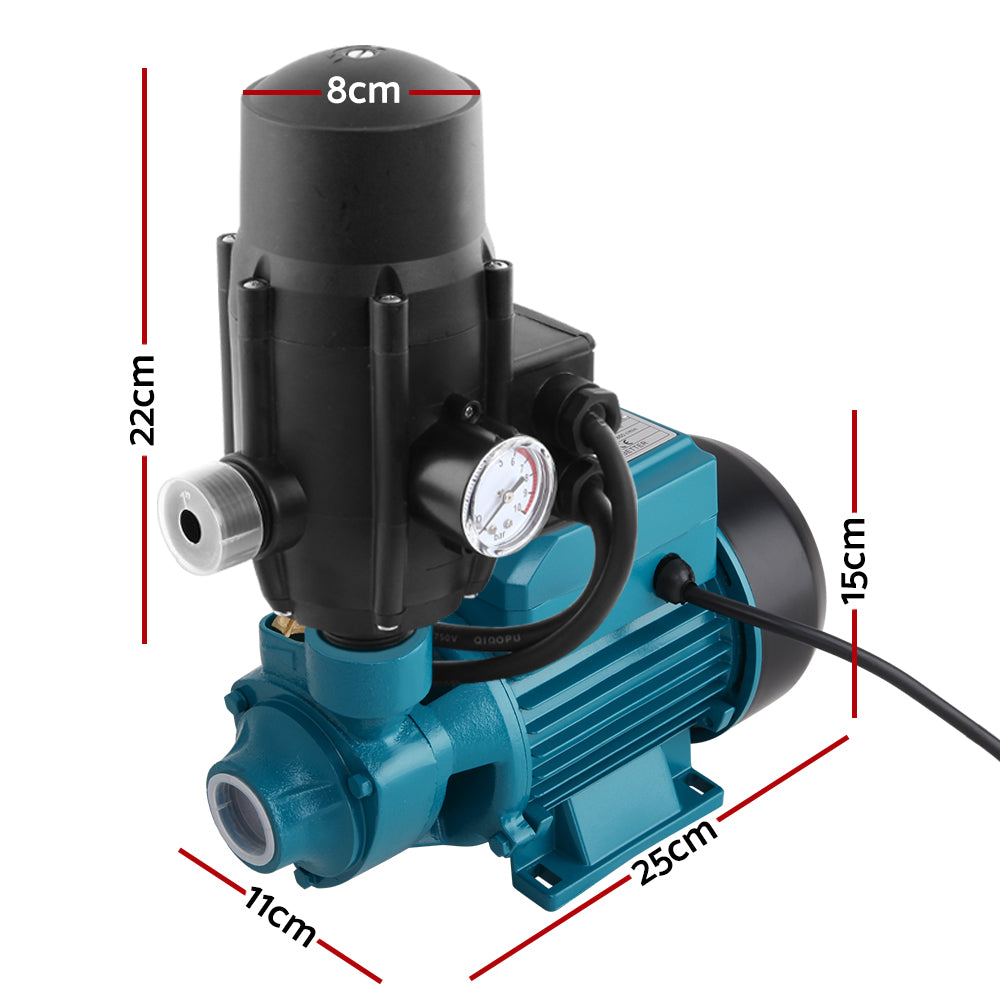 An electric water pump, perfect for garden irrigation, features an automatic pump control attachment. The Giantz Auto Peripheral Pump Clean Water Garden Farm Rain Tank Irrigation QB60 is primarily teal with black and grey components, and it includes a rust-resistant impeller. A power cord connects to the automatic pump control unit.