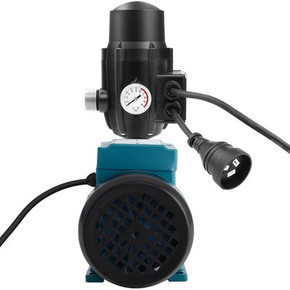 An electric water pump, perfect for garden irrigation, features an automatic pump control attachment. The Giantz Auto Peripheral Pump Clean Water Garden Farm Rain Tank Irrigation QB60 is primarily teal with black and grey components, and it includes a rust-resistant impeller. A power cord connects to the automatic pump control unit.