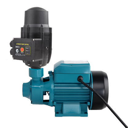 An electric water pump, perfect for garden irrigation, features an automatic pump control attachment. The Giantz Auto Peripheral Pump Clean Water Garden Farm Rain Tank Irrigation QB60 is primarily teal with black and grey components, and it includes a rust-resistant impeller. A power cord connects to the automatic pump control unit.