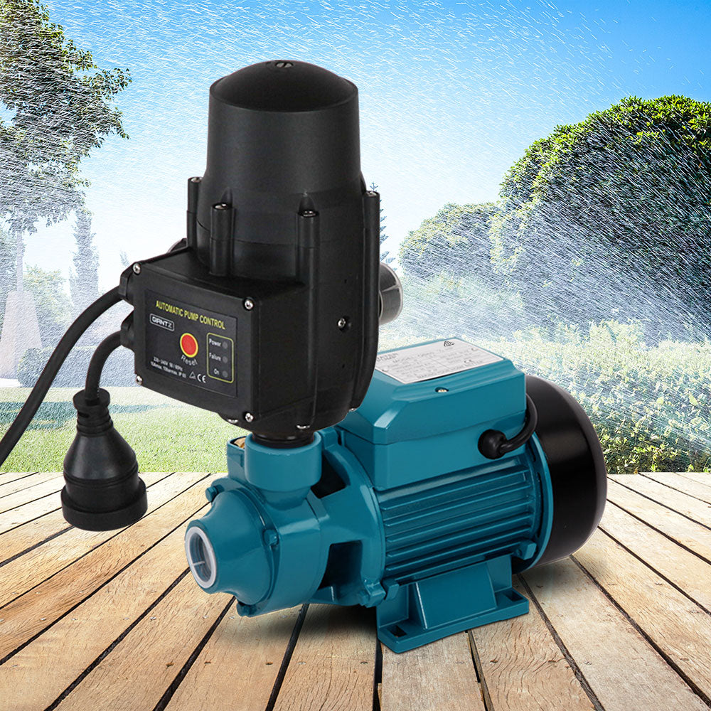 An electric water pump, perfect for garden irrigation, features an automatic pump control attachment. The Giantz Auto Peripheral Pump Clean Water Garden Farm Rain Tank Irrigation QB60 is primarily teal with black and grey components, and it includes a rust-resistant impeller. A power cord connects to the automatic pump control unit.