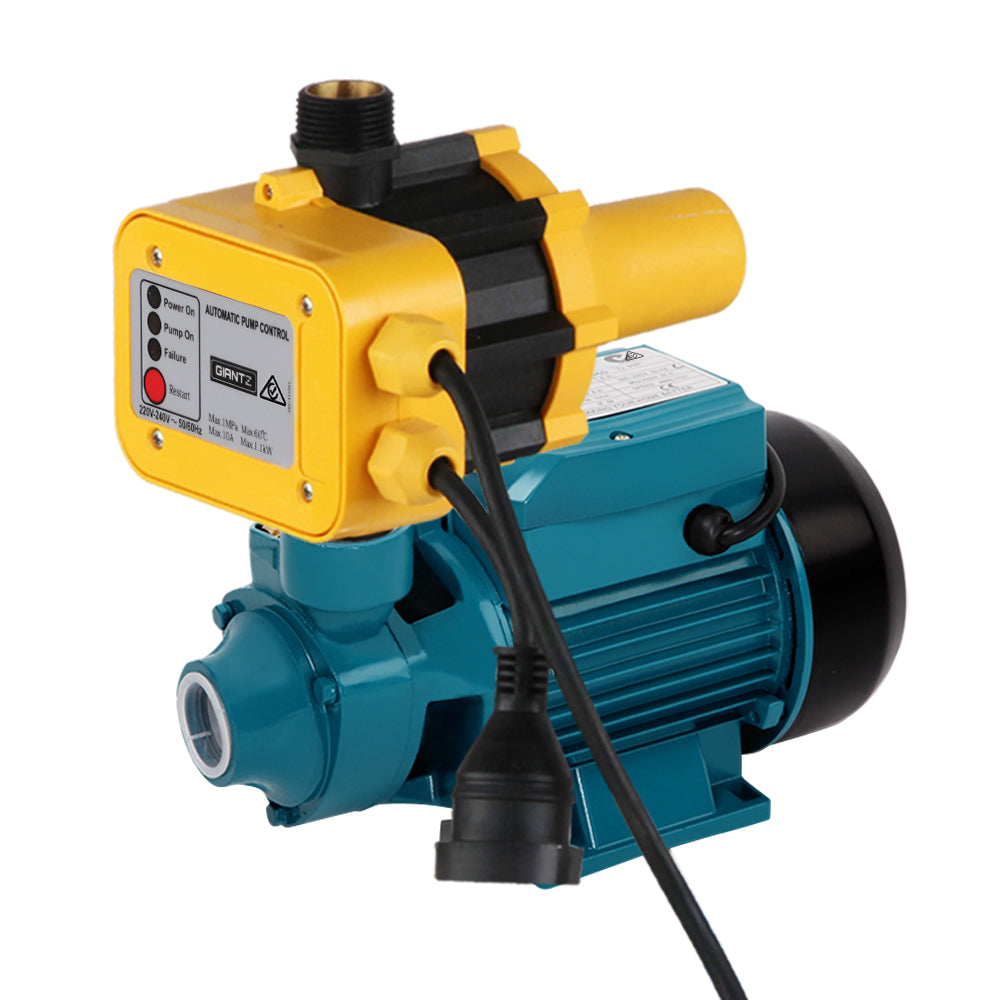 A Giantz Peripheral Pump Auto Controller Clean Water Garden Farm Rain Irrigation unit with a blue body and a yellow control module attached on top. The automatic controller features several indicator lights and a power cable with a black plug cord extending from it. The water intake and output connections are clearly visible, ensuring optimal water pressure.