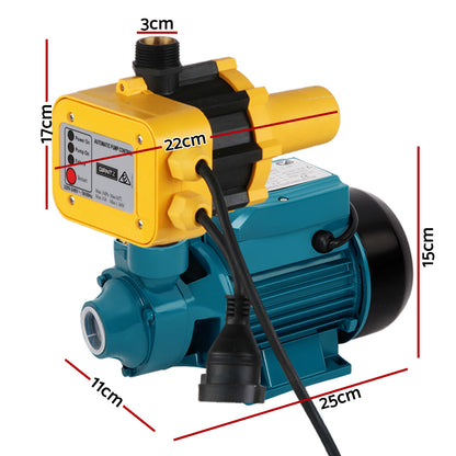 A Giantz Peripheral Pump Auto Controller Clean Water Garden Farm Rain Irrigation unit with a blue body and a yellow control module attached on top. The automatic controller features several indicator lights and a power cable with a black plug cord extending from it. The water intake and output connections are clearly visible, ensuring optimal water pressure.