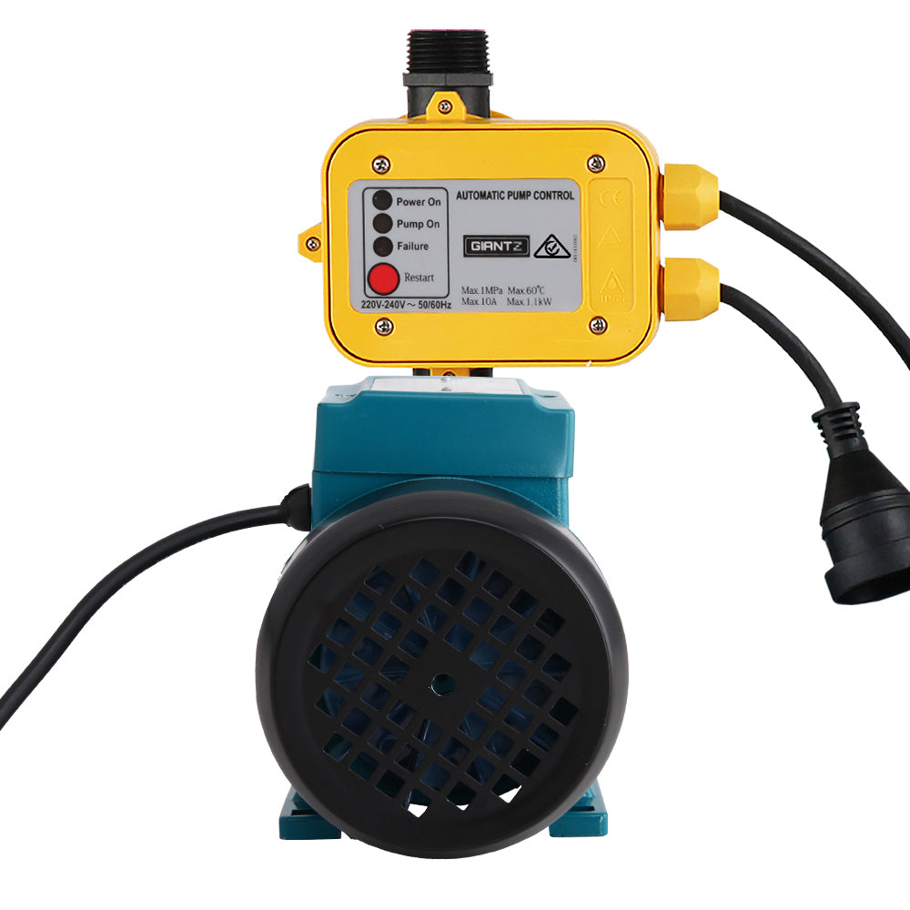 A Giantz Peripheral Pump Auto Controller Clean Water Garden Farm Rain Irrigation unit with a blue body and a yellow control module attached on top. The automatic controller features several indicator lights and a power cable with a black plug cord extending from it. The water intake and output connections are clearly visible, ensuring optimal water pressure.