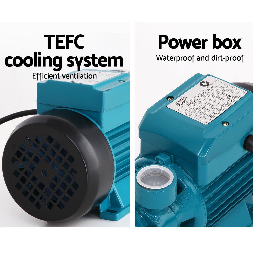 A Giantz Peripheral Pump Auto Controller Clean Water Garden Farm Rain Irrigation unit with a blue body and a yellow control module attached on top. The automatic controller features several indicator lights and a power cable with a black plug cord extending from it. The water intake and output connections are clearly visible, ensuring optimal water pressure.