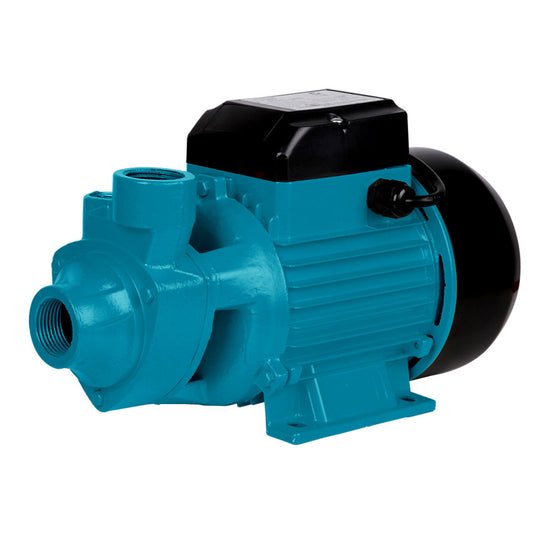 Image of a blue Giantz Peripheral Water Pump Garden Boiler Car Wash Auto Irrigation House QB80 with a black motor casing. The pump, perfect for garden sprinkling or irrigation, has a cylindrical body with an inlet and outlet for water, all mounted on a rectangular base. The motor is housed in a black casing on top of the main pump body.