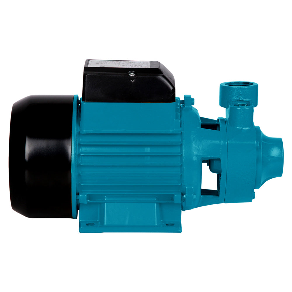 Image of a blue Giantz Peripheral Water Pump Garden Boiler Car Wash Auto Irrigation House QB80 with a black motor casing. The pump, perfect for garden sprinkling or irrigation, has a cylindrical body with an inlet and outlet for water, all mounted on a rectangular base. The motor is housed in a black casing on top of the main pump body.