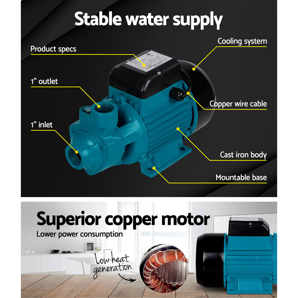 Image of a blue Giantz Peripheral Water Pump Garden Boiler Car Wash Auto Irrigation House QB80 with a black motor casing. The pump, perfect for garden sprinkling or irrigation, has a cylindrical body with an inlet and outlet for water, all mounted on a rectangular base. The motor is housed in a black casing on top of the main pump body.