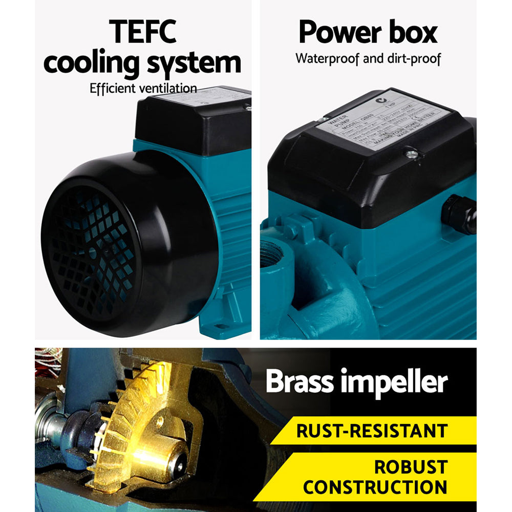 Image of a blue Giantz Peripheral Water Pump Garden Boiler Car Wash Auto Irrigation House QB80 with a black motor casing. The pump, perfect for garden sprinkling or irrigation, has a cylindrical body with an inlet and outlet for water, all mounted on a rectangular base. The motor is housed in a black casing on top of the main pump body.