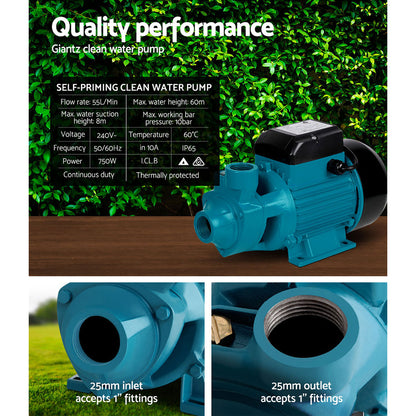 Image of a blue Giantz Peripheral Water Pump Garden Boiler Car Wash Auto Irrigation House QB80 with a black motor casing. The pump, perfect for garden sprinkling or irrigation, has a cylindrical body with an inlet and outlet for water, all mounted on a rectangular base. The motor is housed in a black casing on top of the main pump body.