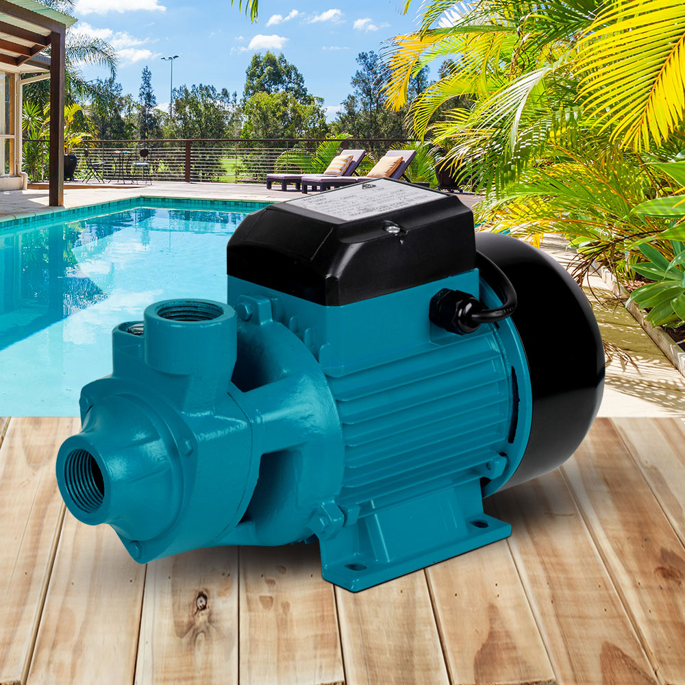 Image of a blue Giantz Peripheral Water Pump Garden Boiler Car Wash Auto Irrigation House QB80 with a black motor casing. The pump, perfect for garden sprinkling or irrigation, has a cylindrical body with an inlet and outlet for water, all mounted on a rectangular base. The motor is housed in a black casing on top of the main pump body.