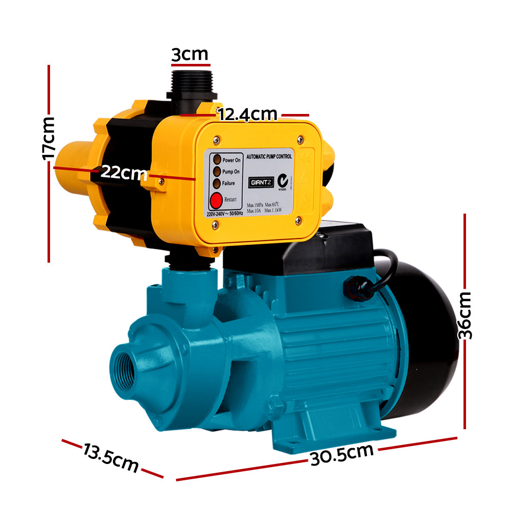 A Giantz Peripheral Water Pump Garden Boiler Car Wash Auto Irrigation QB80 Yellow with an attached automatic pump control unit that has a yellow and black cover is ideal for garden irrigation or use with a rain tank. The control unit features indicator lights and buttons labeled for power, pump on, and failure. The pump includes an electric motor housing and an inlet/outlet for water flow.