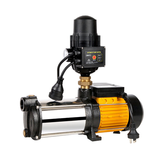 Image of a Giantz Garden Water Pump High Pressure 2000W Multi Stage Tank Rain Irrigation Black with an automatic pressure controller. The pump has a yellow motor housing and shiny metallic body, perfect for garden irrigation. It features various connectors, wires, and a plug for powering the unit. The control unit boasts indicator lights and buttons.