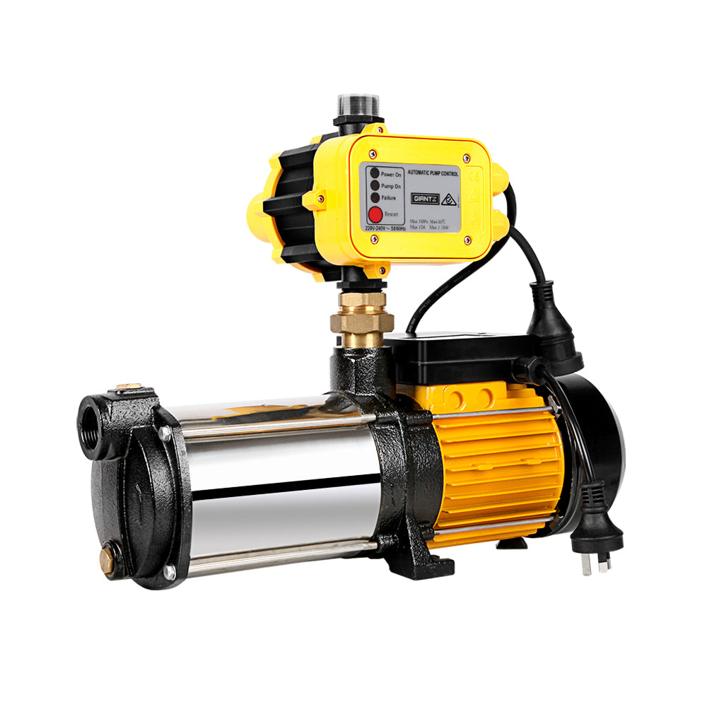 A yellow and black automated water pump with a weatherproof construction rating of IP65 is shown against a white background. The Giantz 2000W High Pressure Garden Water Pump features a stainless steel pump body. Below the image is a green banner with white text that reads "IP65 WEATHERPROOF CONSTRUCTION.