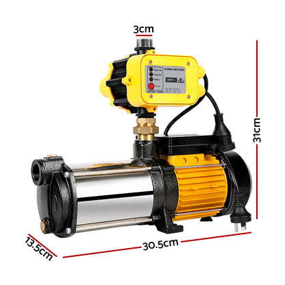 A yellow and black automated water pump with a weatherproof construction rating of IP65 is shown against a white background. The Giantz 2000W High Pressure Garden Water Pump features a stainless steel pump body. Below the image is a green banner with white text that reads "IP65 WEATHERPROOF CONSTRUCTION.