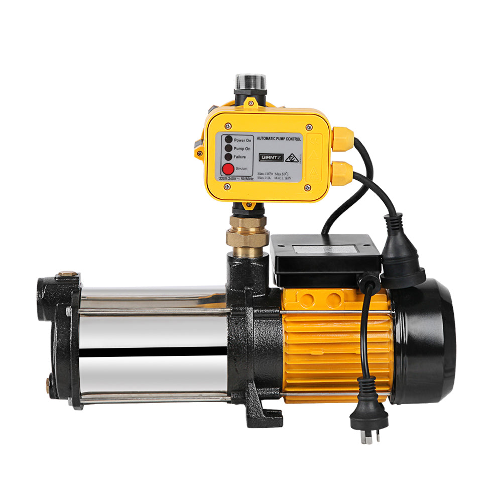 A yellow and black automated water pump with a weatherproof construction rating of IP65 is shown against a white background. The Giantz 2000W High Pressure Garden Water Pump features a stainless steel pump body. Below the image is a green banner with white text that reads "IP65 WEATHERPROOF CONSTRUCTION.