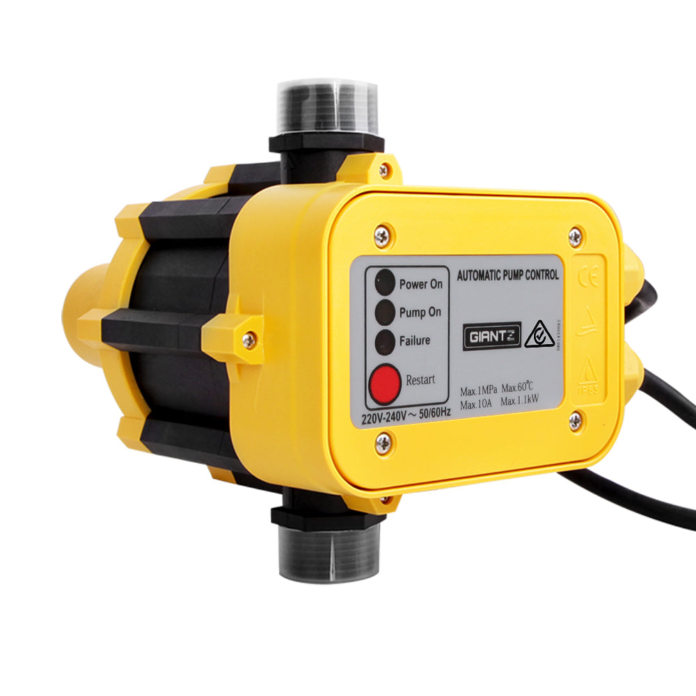 A yellow and black automated water pump with a weatherproof construction rating of IP65 is shown against a white background. The Giantz 2000W High Pressure Garden Water Pump features a stainless steel pump body. Below the image is a green banner with white text that reads "IP65 WEATHERPROOF CONSTRUCTION.