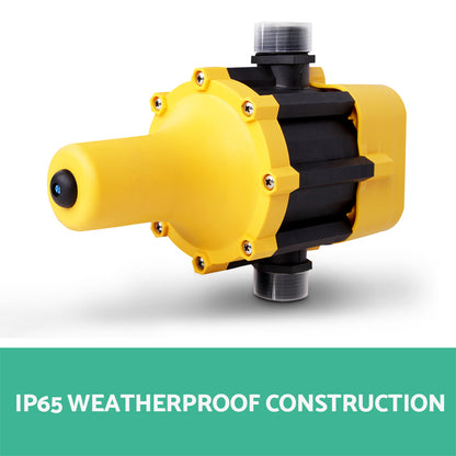 A yellow and black automated water pump with a weatherproof construction rating of IP65 is shown against a white background. The Giantz 2000W High Pressure Garden Water Pump features a stainless steel pump body. Below the image is a green banner with white text that reads "IP65 WEATHERPROOF CONSTRUCTION.