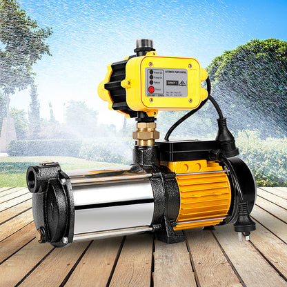 A yellow and black automated water pump with a weatherproof construction rating of IP65 is shown against a white background. The Giantz 2000W High Pressure Garden Water Pump features a stainless steel pump body. Below the image is a green banner with white text that reads "IP65 WEATHERPROOF CONSTRUCTION.