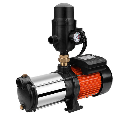 A Giantz Garden Water Pump High Pressure 1800W Multi Stage Tank Rain Irrigation Black with a cylindrical stainless steel body and a pressure gauge attached to the top. The pump, powered by an 1800W motor unit with a protective casing, features multiple connection ports and is seated on a small base.