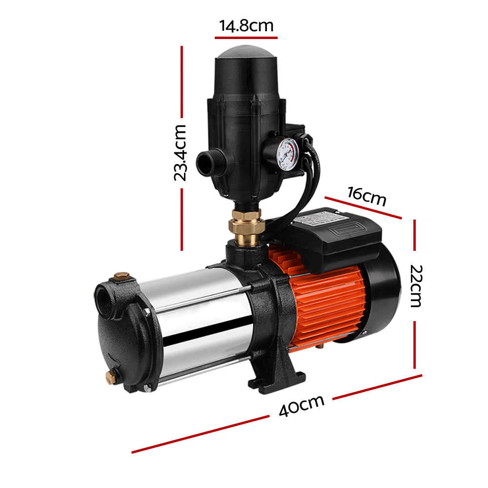 A Giantz Garden Water Pump High Pressure 1800W Multi Stage Tank Rain Irrigation Black with a cylindrical stainless steel body and a pressure gauge attached to the top. The pump, powered by an 1800W motor unit with a protective casing, features multiple connection ports and is seated on a small base.