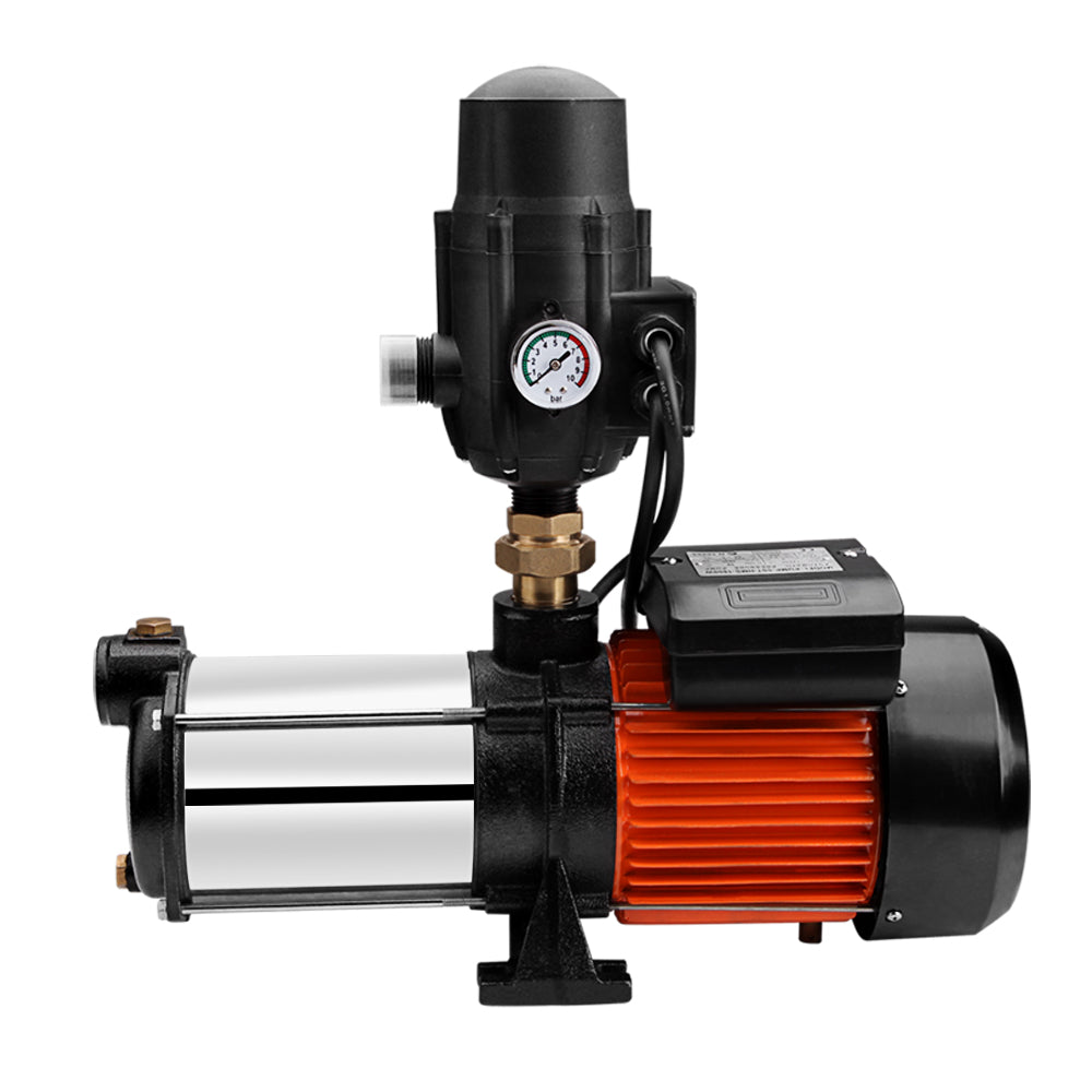 A Giantz Garden Water Pump High Pressure 1800W Multi Stage Tank Rain Irrigation Black with a cylindrical stainless steel body and a pressure gauge attached to the top. The pump, powered by an 1800W motor unit with a protective casing, features multiple connection ports and is seated on a small base.