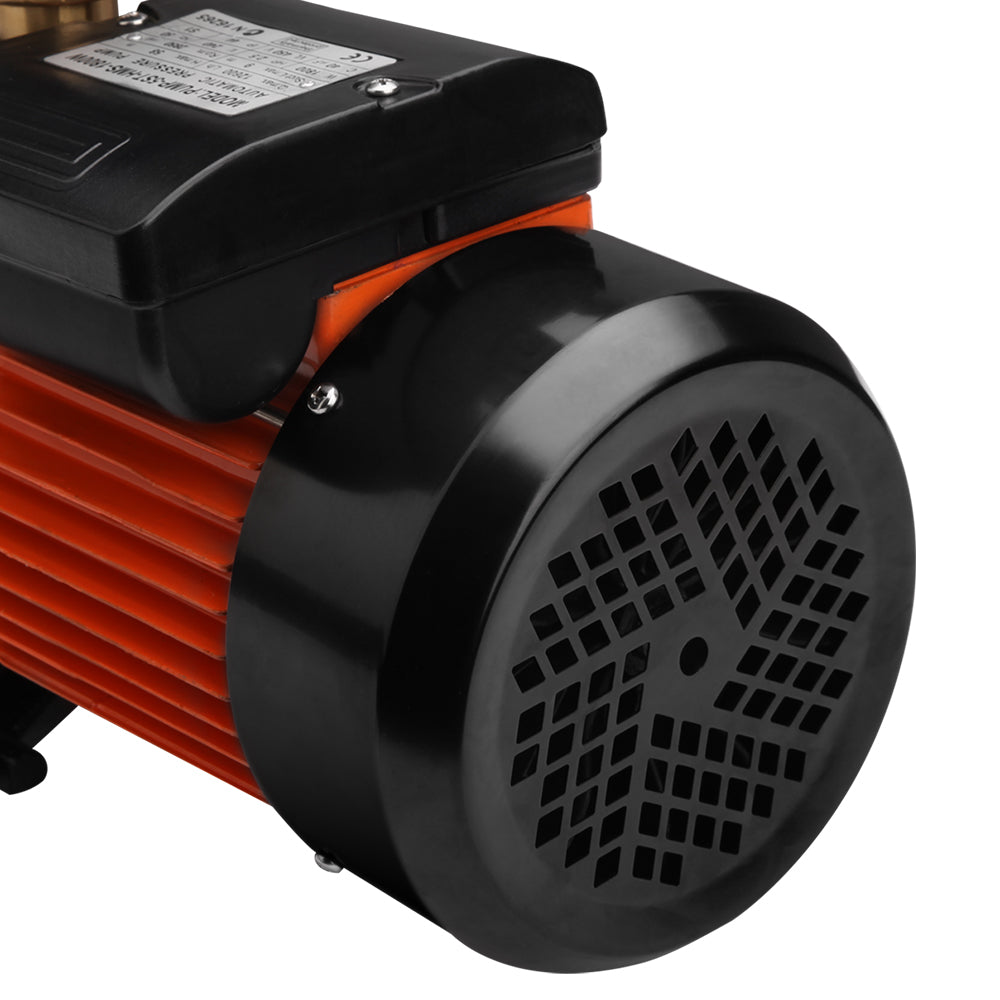 A Giantz Garden Water Pump High Pressure 1800W Multi Stage Tank Rain Irrigation Black with a cylindrical stainless steel body and a pressure gauge attached to the top. The pump, powered by an 1800W motor unit with a protective casing, features multiple connection ports and is seated on a small base.