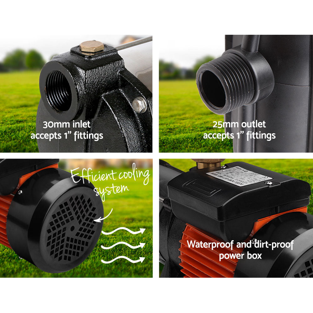 A Giantz Garden Water Pump High Pressure 1800W Multi Stage Tank Rain Irrigation Black with a cylindrical stainless steel body and a pressure gauge attached to the top. The pump, powered by an 1800W motor unit with a protective casing, features multiple connection ports and is seated on a small base.