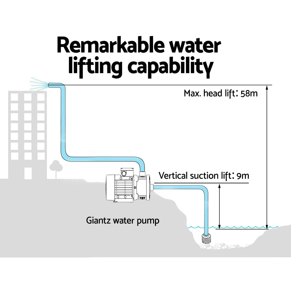 A Giantz Garden Water Pump High Pressure 1800W Multi Stage Tank Rain Irrigation Black with a cylindrical stainless steel body and a pressure gauge attached to the top. The pump, powered by an 1800W motor unit with a protective casing, features multiple connection ports and is seated on a small base.