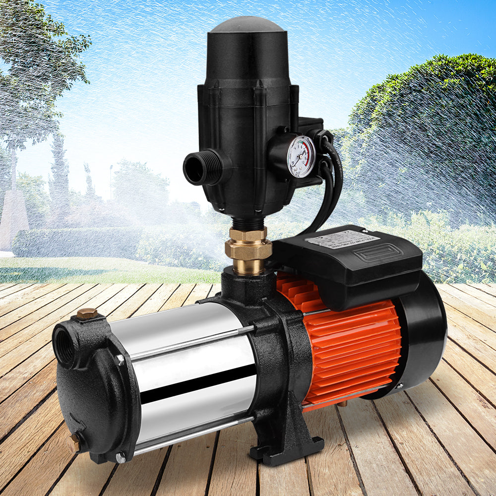 A Giantz Garden Water Pump High Pressure 1800W Multi Stage Tank Rain Irrigation Black with a cylindrical stainless steel body and a pressure gauge attached to the top. The pump, powered by an 1800W motor unit with a protective casing, features multiple connection ports and is seated on a small base.