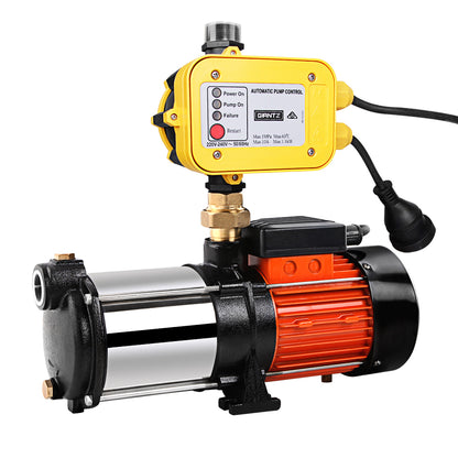 An Giantz Garden Water Pump High Pressure 1800W Multi Stage Tank Rain Irrigation Yellow with a yellow automatic pressure controller attached. The multi-stage pump features a cylindrical stainless steel body with black and orange accents, and a black power cord extends from the control panel. The panel has buttons and indicators for various functions.