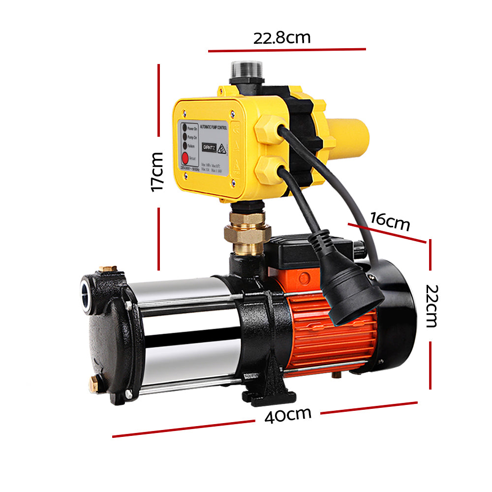 An Giantz Garden Water Pump High Pressure 1800W Multi Stage Tank Rain Irrigation Yellow with a yellow automatic pressure controller attached. The multi-stage pump features a cylindrical stainless steel body with black and orange accents, and a black power cord extends from the control panel. The panel has buttons and indicators for various functions.