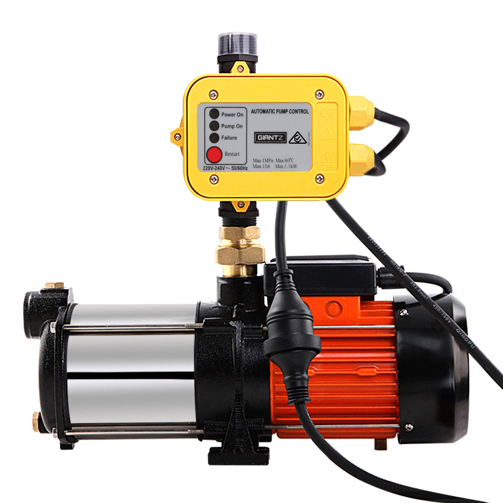 An Giantz Garden Water Pump High Pressure 1800W Multi Stage Tank Rain Irrigation Yellow with a yellow automatic pressure controller attached. The multi-stage pump features a cylindrical stainless steel body with black and orange accents, and a black power cord extends from the control panel. The panel has buttons and indicators for various functions.