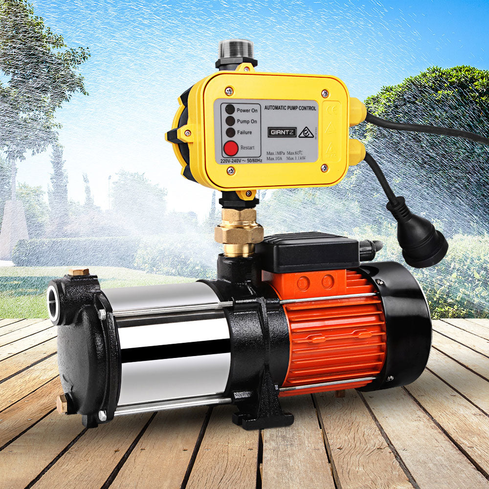 An Giantz Garden Water Pump High Pressure 1800W Multi Stage Tank Rain Irrigation Yellow with a yellow automatic pressure controller attached. The multi-stage pump features a cylindrical stainless steel body with black and orange accents, and a black power cord extends from the control panel. The panel has buttons and indicators for various functions.