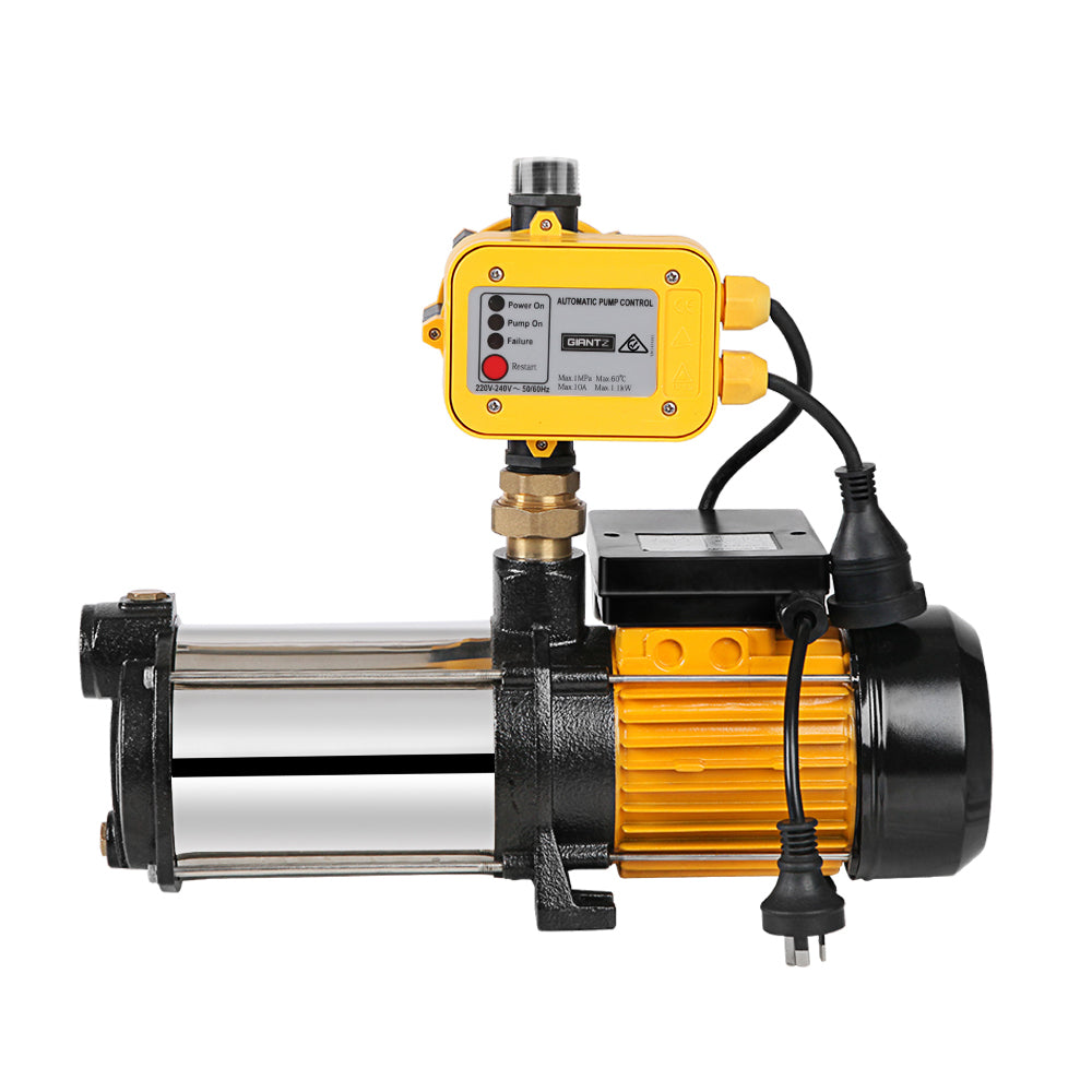 A Giantz Garden Water Pump High Pressure 2500W Multi Stage Tank Rain Irrigation Yellow with a control box attached on top, perfect for garden irrigation. This 2500W pressure pump has a power plug, various metallic and plastic components, and hoses or attachments for water connections. The weatherproof control box features buttons and indicator lights.