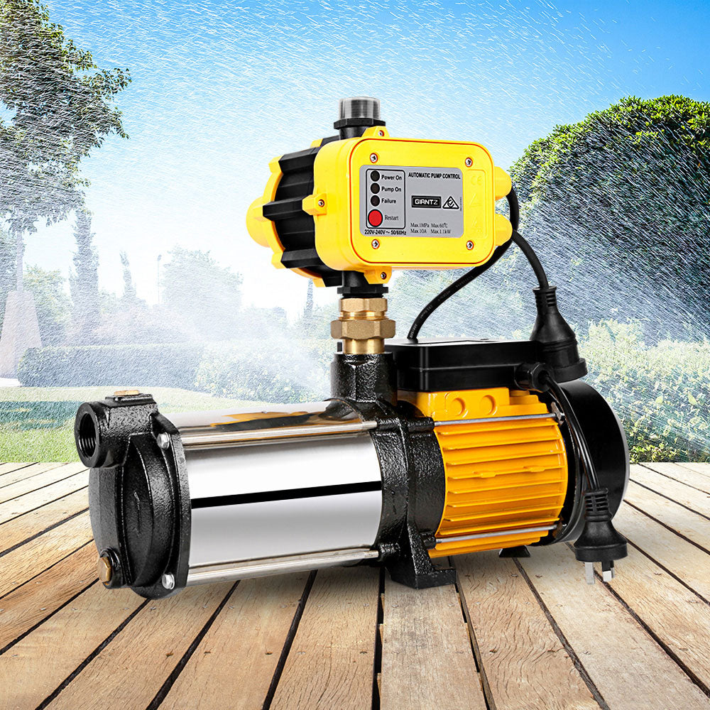 A Giantz Garden Water Pump High Pressure 2500W Multi Stage Tank Rain Irrigation Yellow with a control box attached on top, perfect for garden irrigation. This 2500W pressure pump has a power plug, various metallic and plastic components, and hoses or attachments for water connections. The weatherproof control box features buttons and indicator lights.