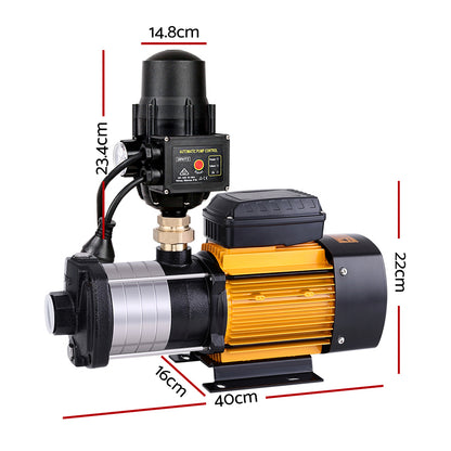 Image of a Giantz Garden Water Pump High Pressure 2000W Multi Stage Tank Rain Irrigation Black with an attached automatic pump control unit. The 5-stage water pump features a combination of metal and plastic components, predominantly black, silver, and yellow in color. It has a compact design with various connectors and controls visible, ensuring constant on-demand water pressure.