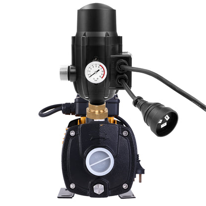 Image of a Giantz Garden Water Pump High Pressure 2000W Multi Stage Tank Rain Irrigation Black with an attached automatic pump control unit. The 5-stage water pump features a combination of metal and plastic components, predominantly black, silver, and yellow in color. It has a compact design with various connectors and controls visible, ensuring constant on-demand water pressure.