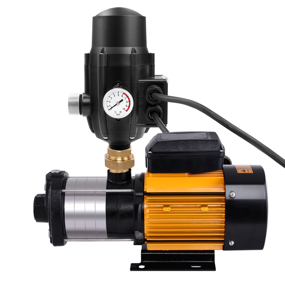 Image of a Giantz Garden Water Pump High Pressure 2000W Multi Stage Tank Rain Irrigation Black with an attached automatic pump control unit. The 5-stage water pump features a combination of metal and plastic components, predominantly black, silver, and yellow in color. It has a compact design with various connectors and controls visible, ensuring constant on-demand water pressure.