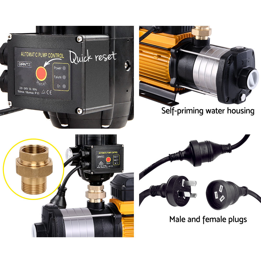 Image of a Giantz Garden Water Pump High Pressure 2000W Multi Stage Tank Rain Irrigation Black with an attached automatic pump control unit. The 5-stage water pump features a combination of metal and plastic components, predominantly black, silver, and yellow in color. It has a compact design with various connectors and controls visible, ensuring constant on-demand water pressure.