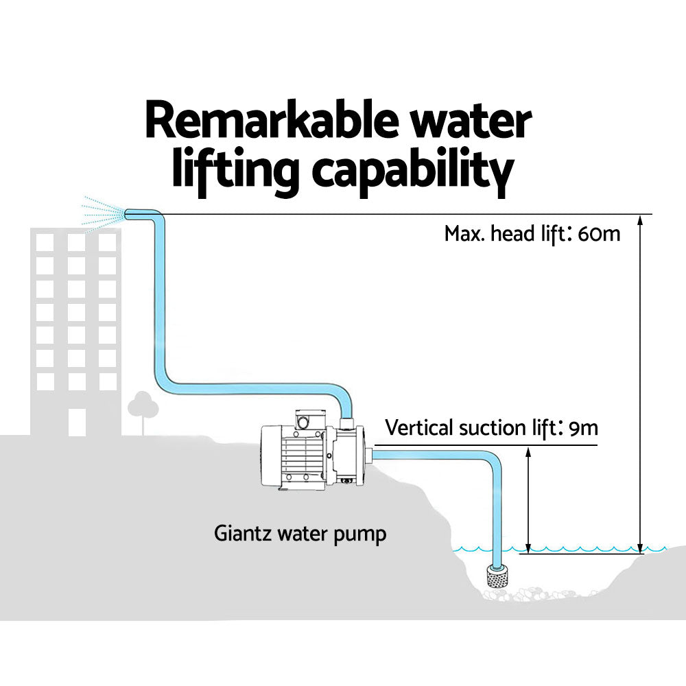 Image of a Giantz Garden Water Pump High Pressure 2000W Multi Stage Tank Rain Irrigation Black with an attached automatic pump control unit. The 5-stage water pump features a combination of metal and plastic components, predominantly black, silver, and yellow in color. It has a compact design with various connectors and controls visible, ensuring constant on-demand water pressure.