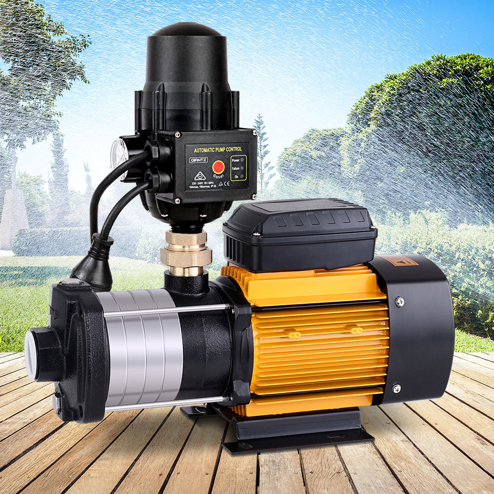 Image of a Giantz Garden Water Pump High Pressure 2000W Multi Stage Tank Rain Irrigation Black with an attached automatic pump control unit. The 5-stage water pump features a combination of metal and plastic components, predominantly black, silver, and yellow in color. It has a compact design with various connectors and controls visible, ensuring constant on-demand water pressure.