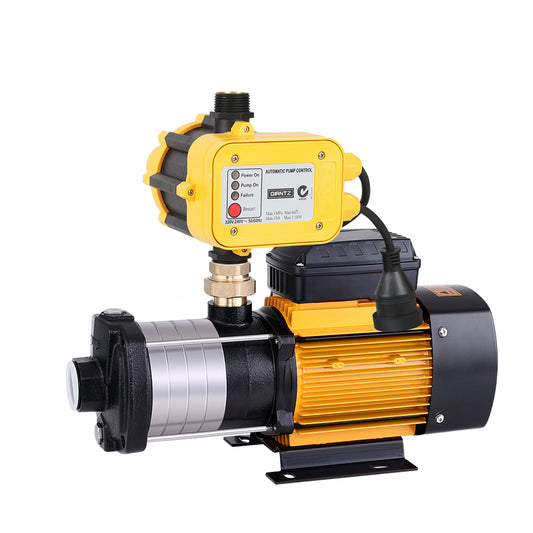 A Giantz Garden Water Pump High Pressure 2000W Multi Stage Tank Rain Irrigation Yellow with a yellow and black casing. It has a digital display showing various indicators such as Power On, Pump On, and Failure. The unit features thermal protection and is mounted on a compact motor with metallic and plastic components, designed for fluid transfer.