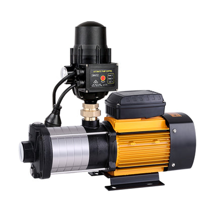 A Giantz Garden Water Pump High Pressure 2500W Multi Stage Tank Rain Irrigation Black with a yellow and black commercial motor body is shown. It includes attached components such as an automatic pump control unit with various switches and indicators, as well as connecting pipes and a mounting base.