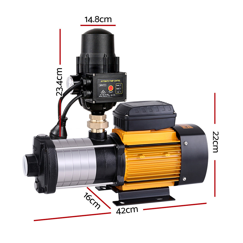 A Giantz Garden Water Pump High Pressure 2500W Multi Stage Tank Rain Irrigation Black with a yellow and black commercial motor body is shown. It includes attached components such as an automatic pump control unit with various switches and indicators, as well as connecting pipes and a mounting base.