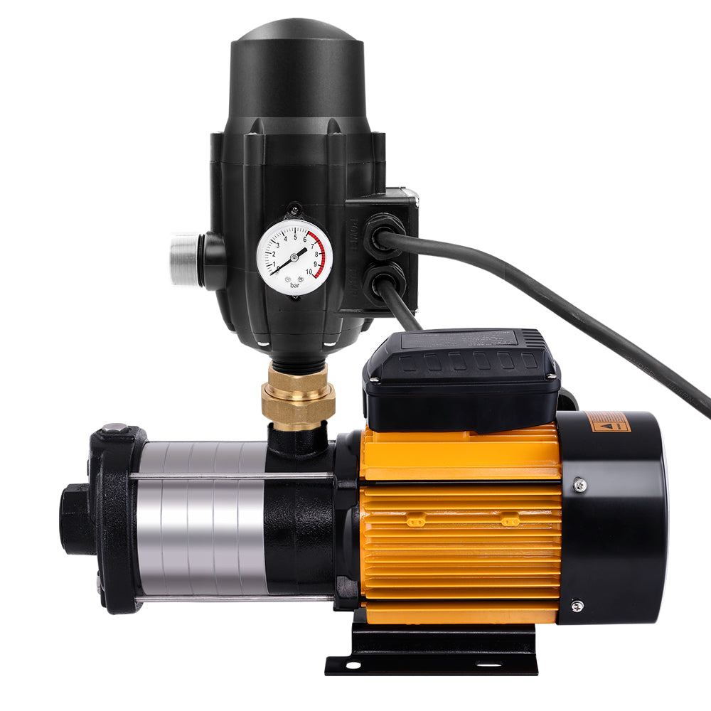 A Giantz Garden Water Pump High Pressure 2500W Multi Stage Tank Rain Irrigation Black with a yellow and black commercial motor body is shown. It includes attached components such as an automatic pump control unit with various switches and indicators, as well as connecting pipes and a mounting base.