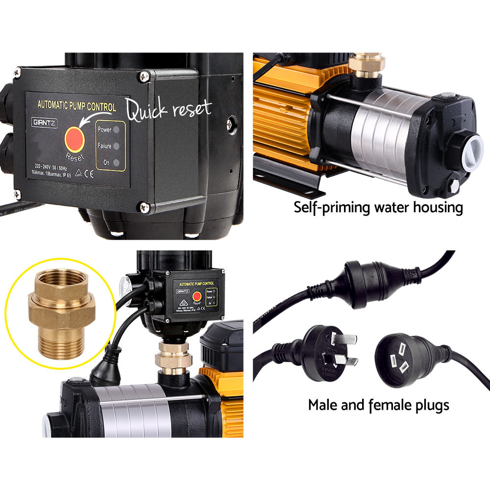 A Giantz Garden Water Pump High Pressure 2500W Multi Stage Tank Rain Irrigation Black with a yellow and black commercial motor body is shown. It includes attached components such as an automatic pump control unit with various switches and indicators, as well as connecting pipes and a mounting base.