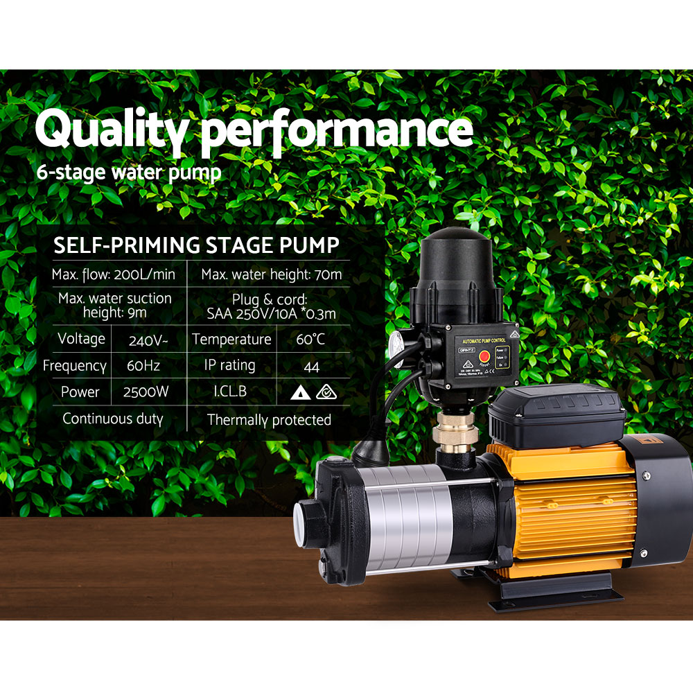 A Giantz Garden Water Pump High Pressure 2500W Multi Stage Tank Rain Irrigation Black with a yellow and black commercial motor body is shown. It includes attached components such as an automatic pump control unit with various switches and indicators, as well as connecting pipes and a mounting base.