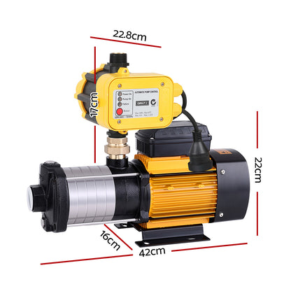 A Giantz Garden Water Pump High Pressure 2500W Multi Stage Tank Rain Irrigation Yellow with an automatic pump control module ensures constant on-demand water pressure. The pump is primarily black and silver with a yellow electric motor. The control module features several status lights, buttons, and connection cables.