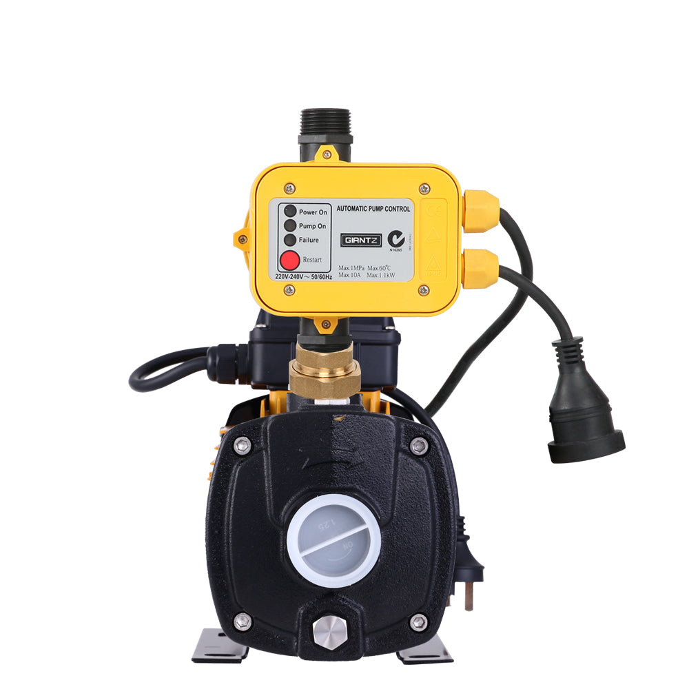 A Giantz Garden Water Pump High Pressure 2500W Multi Stage Tank Rain Irrigation Yellow with an automatic pump control module ensures constant on-demand water pressure. The pump is primarily black and silver with a yellow electric motor. The control module features several status lights, buttons, and connection cables.