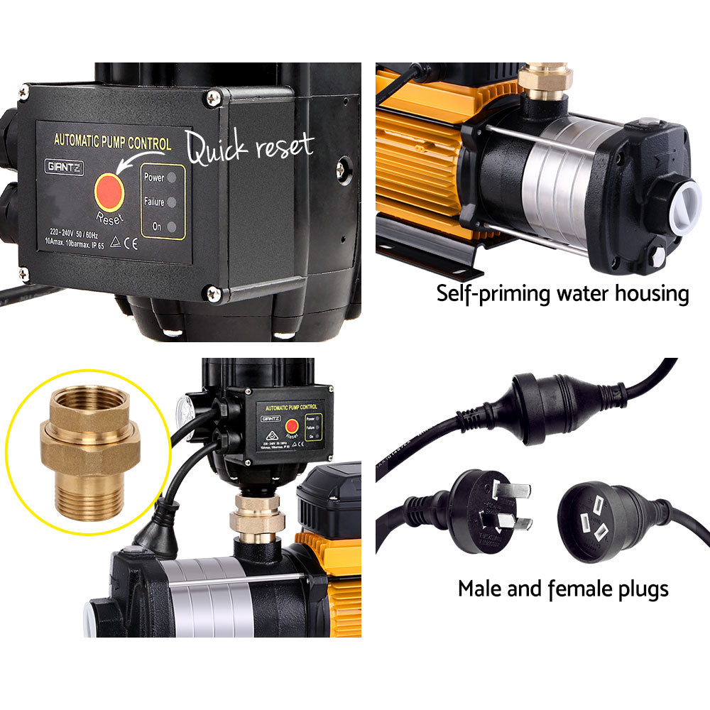 A Giantz Garden Water Pump High Pressure 2500W Multi Stage Tank Rain Irrigation Yellow with an automatic pump control module ensures constant on-demand water pressure. The pump is primarily black and silver with a yellow electric motor. The control module features several status lights, buttons, and connection cables.